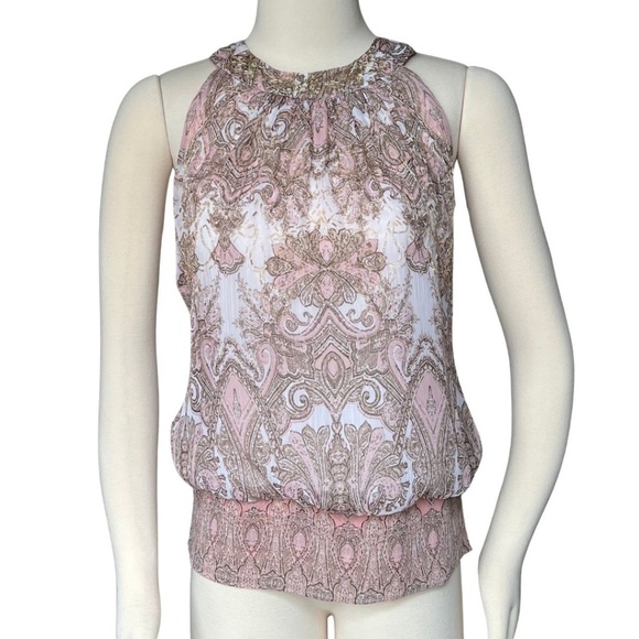 Cache Pink And Gold Paisley Blouson Style Halter Top Size Medium - Picture 6 of 7
